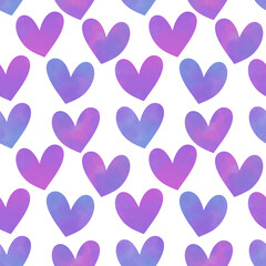 Seamless pattern with watercolor violet and purple hearts. Romantic Valentine background.