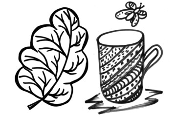 Glass with tea, oak leaf, butterfly, drawings with black outline on a white background for print and design