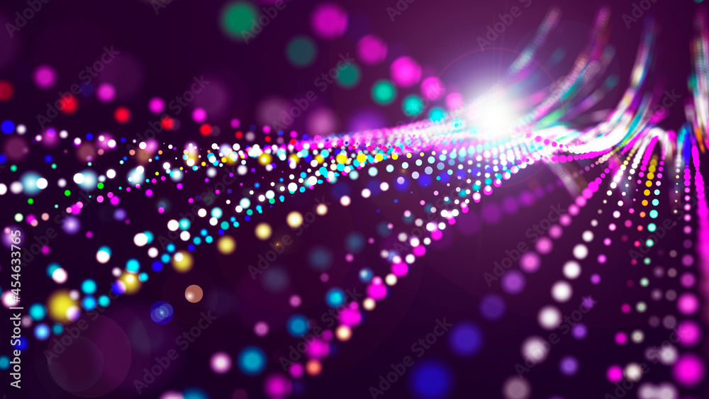 Aufkleber Futuristic wave on dark background. Colored pattern of connection dots and lines. Technology Banner. 3D Widescreen