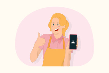 Young chef cook baker woman show recipe on mobile cell phone show thumb up gesture concept