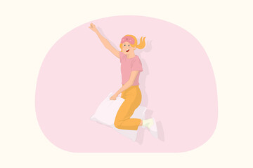 Young funny woman relaxing at home jump high do fly gesture on pillow concept