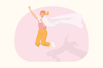 Young happy woman relaxing at home jump high fly gesture wrap in blanket duvet concept