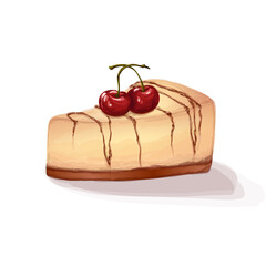 Cheese cake with scarlet pulpy berries isolated on white background. Creamy cherry pie vector illustration.
