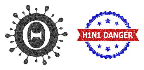 Low-poly Tetta coronavirus polygonal symbol illustration, and grunge bicolor rosette stamp imprint, in red and blue colors. Collage Tetta coronavirus composed from chaotic color triangles.