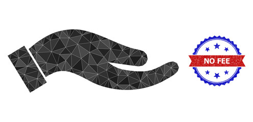 Low-poly petition palm polygonal icon illustration, and grunge bicolor rosette stamp imprint, in red and blue colors. Collage petition palm created from scattered colored triangles.