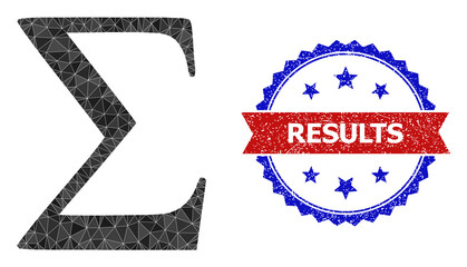 Lowpoly Sigma Greek letter polygonal symbol illustration, and grunge bicolor rosette seal, in red and blue colors. Collage Sigma Greek letter composed of random filled triangles.