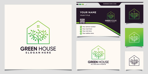 Fototapeta na wymiar Green house and tree logo with creative concept and business card design Premium Vector