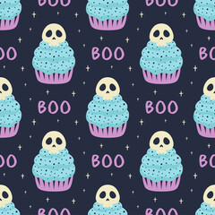 halloween seamless pattern with cupcake on dark background