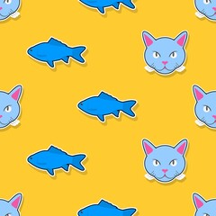 Naklejka premium Cat and fish seamless pattern. Vector illustration.