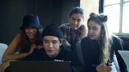 Group of dancers learning online via video call with the teacher 