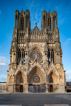View on gothic Roman Catholic cathedral church Notre-Dame in central part of old French city Reims, France