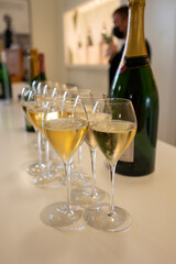 Tasting of brut champagne sparkling wine during visit caves in champagne house in Reims, France