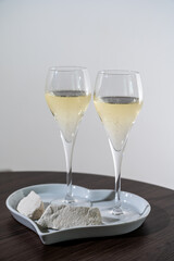 Blanc de blancs brut champagne sparkling wine made from chardonnay grapes growing on white chalk soils in Cote des Blances near Epernay, Champagne, France