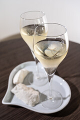 Blanc de blancs brut champagne sparkling wine made from chardonnay grapes growing on white chalk soils in Cote des Blances near Epernay, Champagne, France
