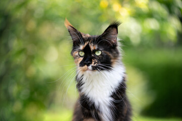 beautiful tricolor calico maine coon cat outdoors portrait in nature with copy space