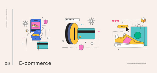 Electronic commerce. Set of illustrations on the topic of online shopping, ordering goods through a mobile application, payment by card, delivery. Online shopping. Vector illustration in flat style.