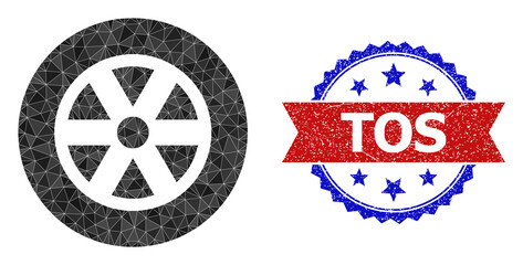 Lowpoly wheel polygonal icon illustration, and grunge bicolor rosette badge, in red and blue colors. Collage wheel created with chaotic colored triangles. Rosette watermark uses red and blue colors.