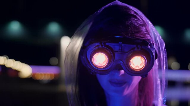 Sci-fi cyborg girl in a futuristic city