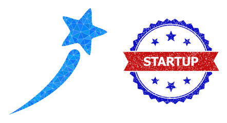 Low-poly startup star polygonal symbol illustration, and grunge bicolor rosette stamp, in red and blue colors. Mosaic startup star is designed from chaotic filled triangles.