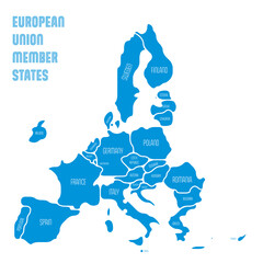 Simplified map of EU, European Union. Rounded shapes of states with smoothed border. Blue simple flat vector map.