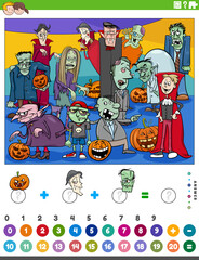counting and adding game with cartoon Halloween characters