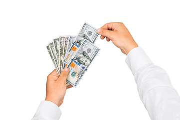 Close-up Isolate, Money in the hands of a man. On white background.