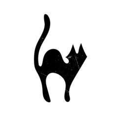 Vector image of a silhouette of a black cat in a retro style. Halloween. Illustration. Hand drawing. Black on a white background. Scuff texture. Grunge