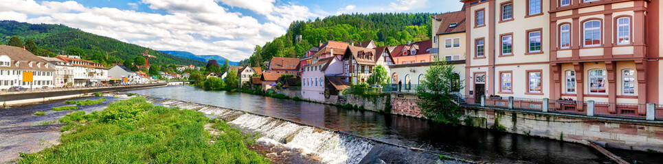 Fototapeta na wymiar Panoramic view of river Murg an buildings in Gernbach, Black Forest, Germany