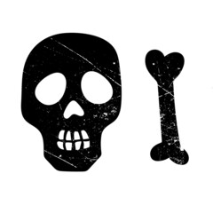 Vector image of a skull and bone in a retro style. Halloween. Illustration. Hand drawing. Black on a white background. Scuff texture. Grunge