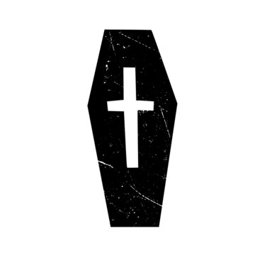 Vector image of a coffin with a cross in a retro style. Halloween. Illustration. Hand drawing. Black on a white background. Scuff texture. Grunge