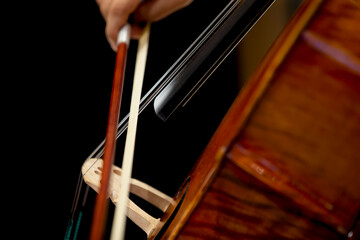 Playing the cello, closeup of the strings