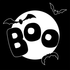 Hand drawn black halloween card with lettering boo and bats.
