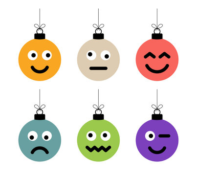 Set of christmas colorful balls with cute face. Emoticons on bubble toys. Vector for decoration holiday xmas tree
