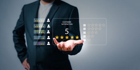 Customer give rating to service experience, Customer review satisfaction feedback survey concept, Customer can evaluate quality of service leading to reputation ranking of business. - obrazy, fototapety, plakaty