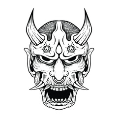 japanese tattoo hannya  mask oni line art lack and white halloween illustration
