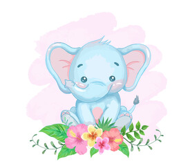 elephant with flowers.  watercolor painting. vector illustration.