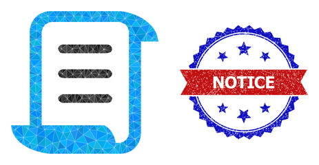 Lowpoly page scroll polygonal icon illustration, and grunge bicolor rosette stamp imprint, in red and blue colors. Collage page scroll composed of chaotic colored triangles.