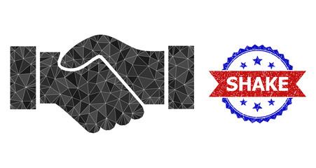 Low-poly deal handshake polygonal 2d illustration, and grunge bicolor rosette seal, in red and blue colors. Mosaic deal handshake is composed of random filled triangles.