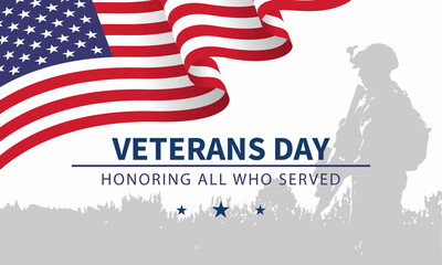 Veteran's day poster.Honoring all who served. Veteran's day illustration with american flag and soldiers - obrazy, fototapety, plakaty