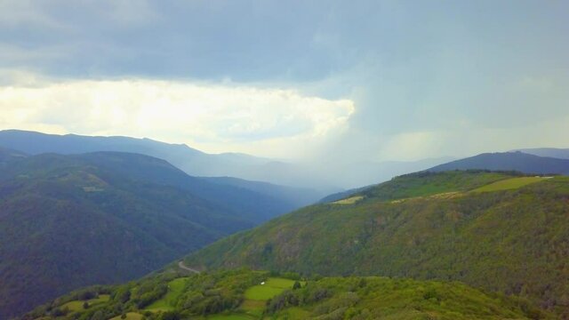 aerial view.clouds forming a summer storm over the green mountains of Caurel, Galicia