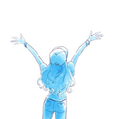 手を高く上げた女性の後姿のイラスト