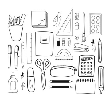 Stationery doodle set. Office accessories in hand drawn style. Vector illustration on isolated background.