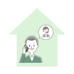 スマホでオペレーターと話すシニア男性　家の中