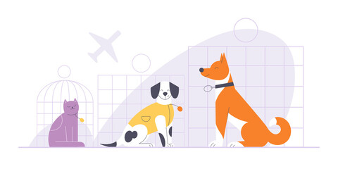 Dogs and cat sitting in crates at the airport. Pets air traveling concept flat vector illustration.
