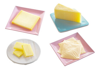 Group of cheese in ceramic dish on white background