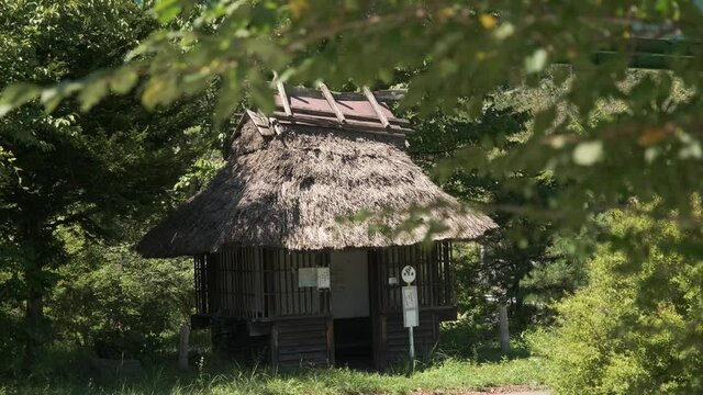 藁ぶき屋根の日本のバス停