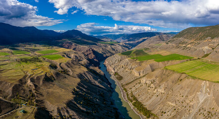 Elevated perspective view of the Fraser River flowing in the rugged Fraser Canyon