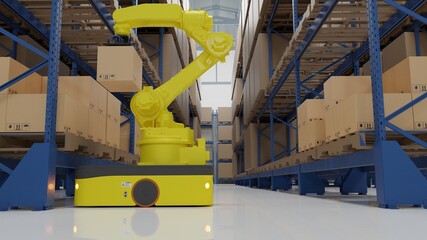 Factory 4.0 concept: The collaboration of industrial robot and AGV (Automated guided vehicle) in smart warehouse. 3D illustration