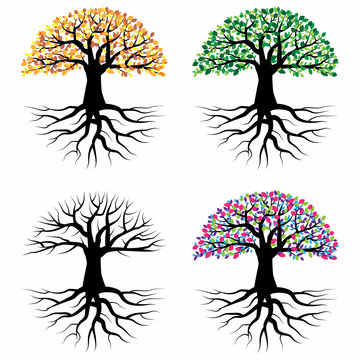 Four seasons tree. Watercolor collection. Cartoon illustration. Nature art. Vector illustration. Stock image.