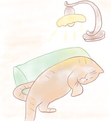 枕の上で寝ている猫とアンティークランプ